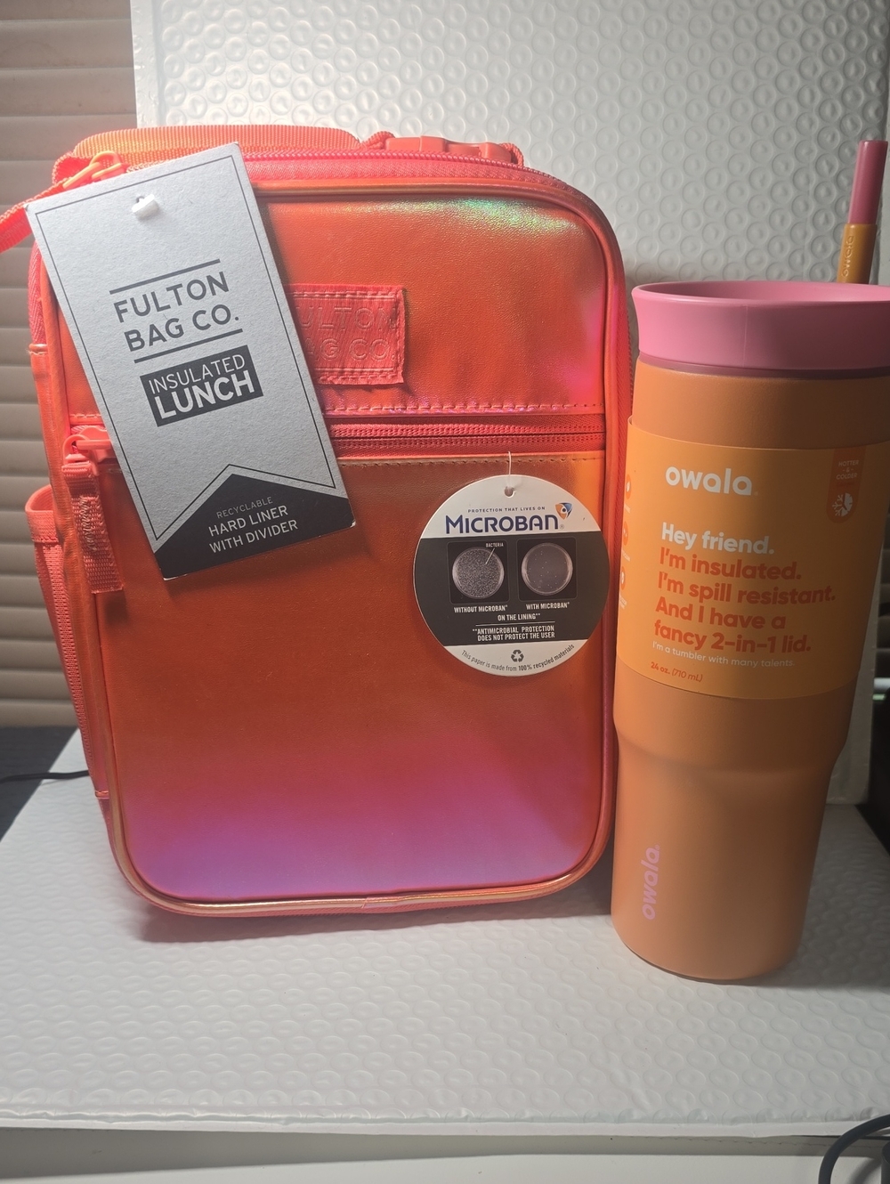 24 Oz OWALA in Orange-Pink And A Matching Iridescent Lunch Tote